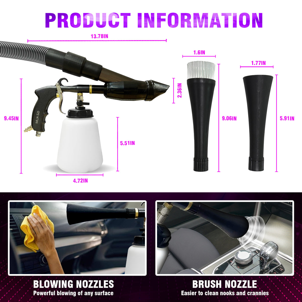 2-in-1 Air Blow Gun & Vacuum Gun with Adjustable Air Flow Nozzle, Cleaning Gun, Works with Air Compressor
