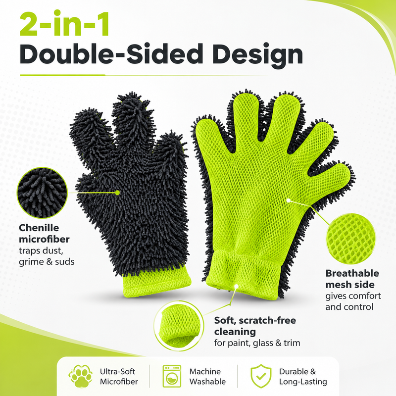 Chenille Microfiber Car Wash Mitt, Car Washing Glove with Breathable Mesh, Double-Sided Scratch-Free Auto Detailing Mitt for Car Exterior, Wheels, Glass, Interior Dusting and Home Cleaning