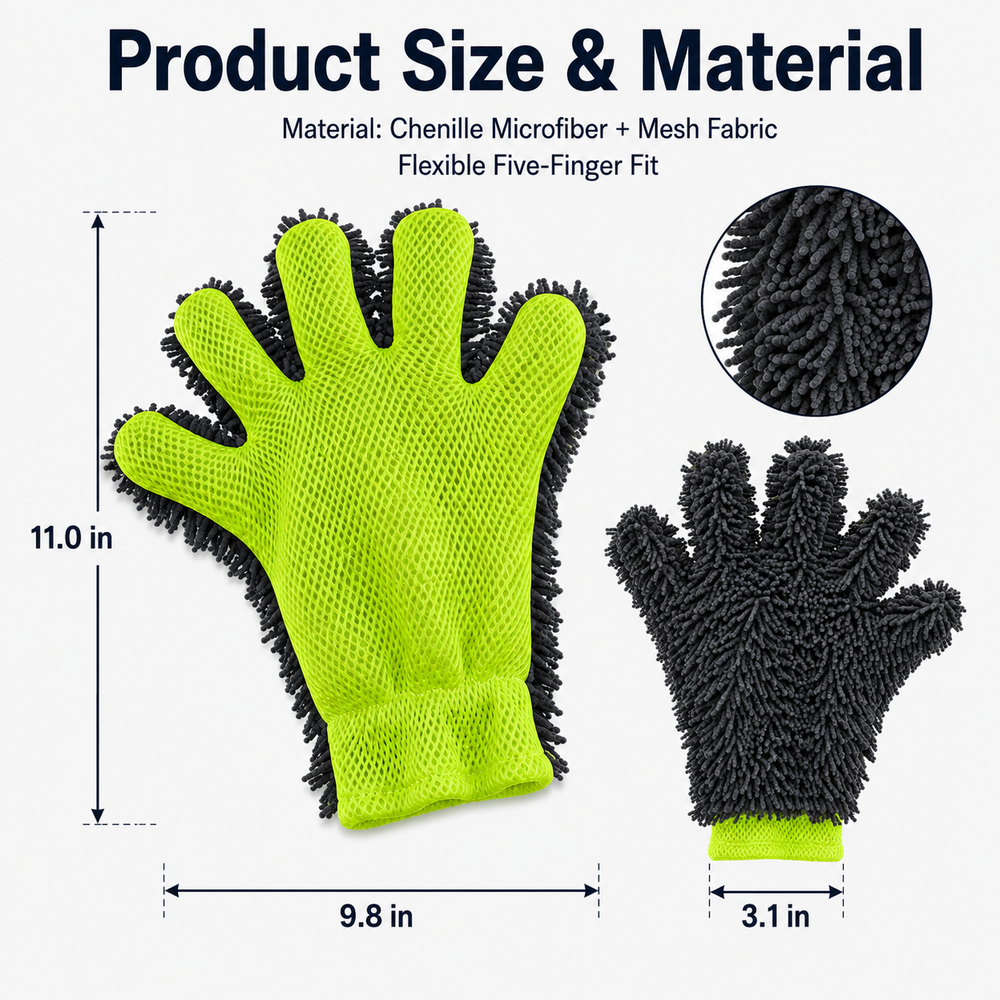 Chenille Microfiber Car Wash Mitt, Car Washing Glove with Breathable Mesh, Double-Sided Scratch-Free Auto Detailing Mitt for Car Exterior, Wheels, Glass, Interior Dusting and Home Cleaning