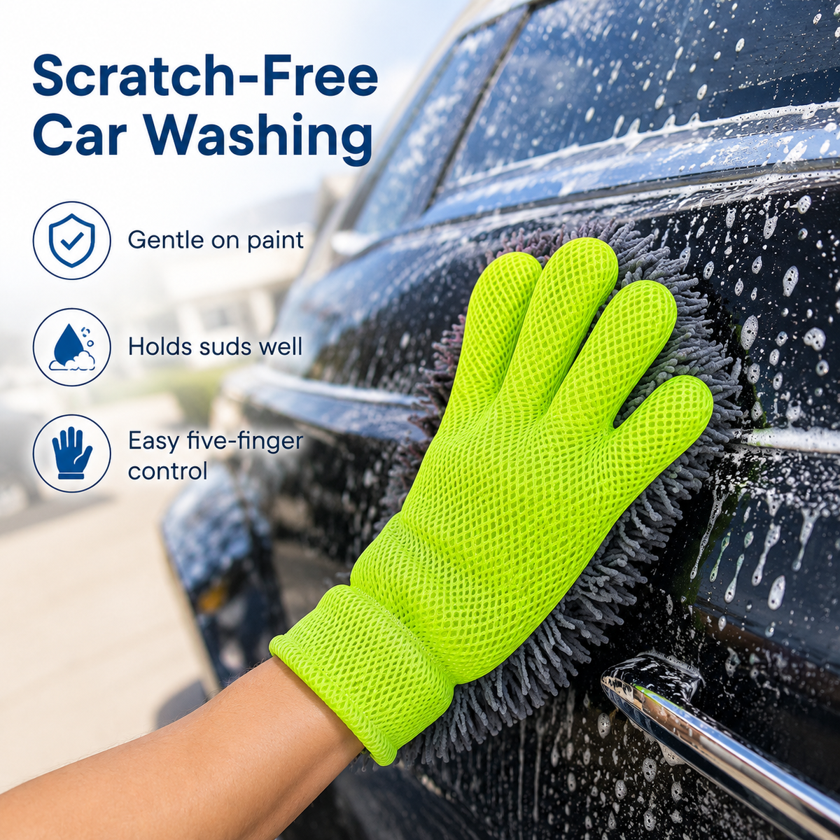 Chenille Microfiber Car Wash Mitt, Car Washing Glove with Breathable Mesh, Double-Sided Scratch-Free Auto Detailing Mitt for Car Exterior, Wheels, Glass, Interior Dusting and Home Cleaning
