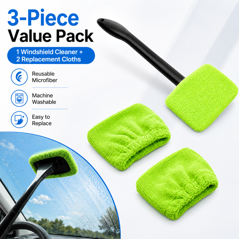 Car Windshield Cleaner Tool with 2 Microfiber Pads, Auto Glass Wiper