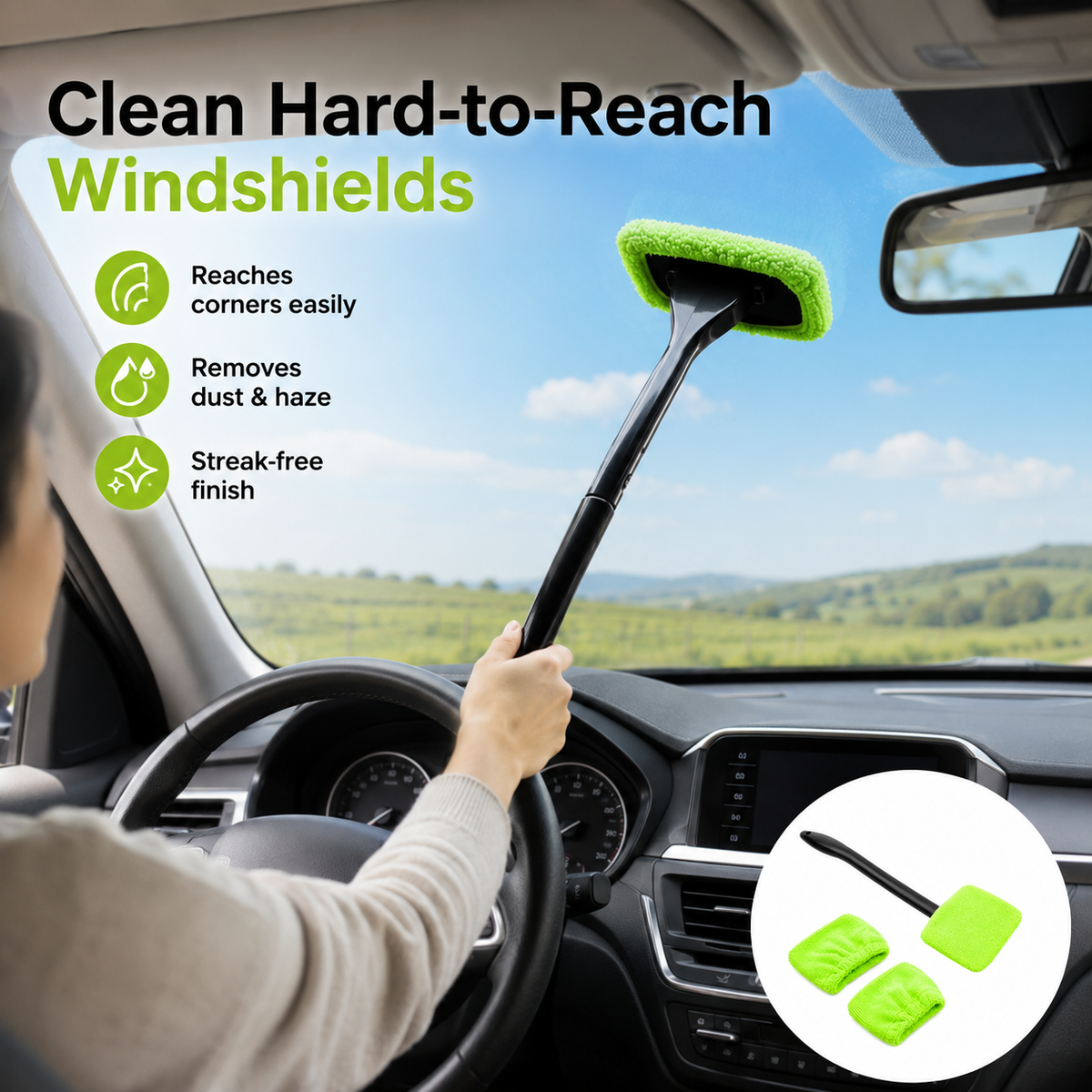 Car Windshield Cleaner Tool with 2 Microfiber Pads, Auto Glass Wiper