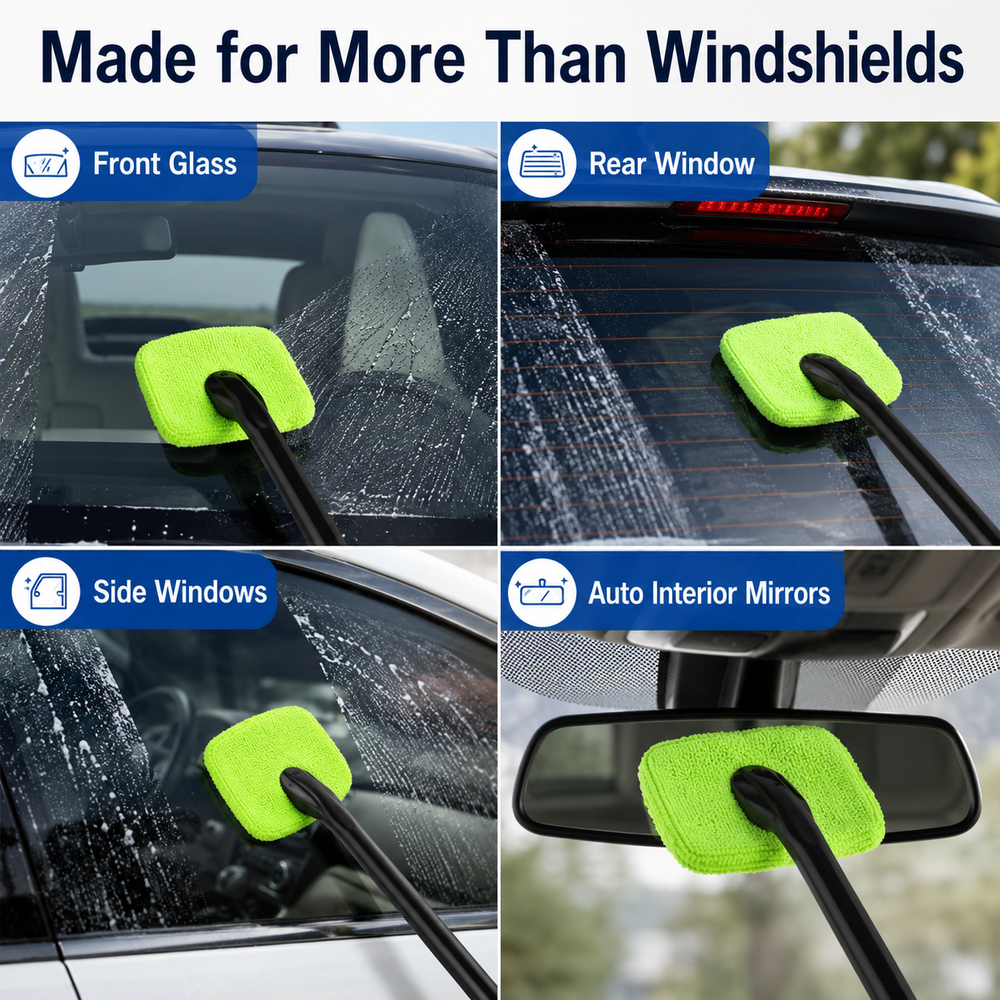 Car Windshield Cleaner Tool with 2 Microfiber Pads, Auto Glass Wiper