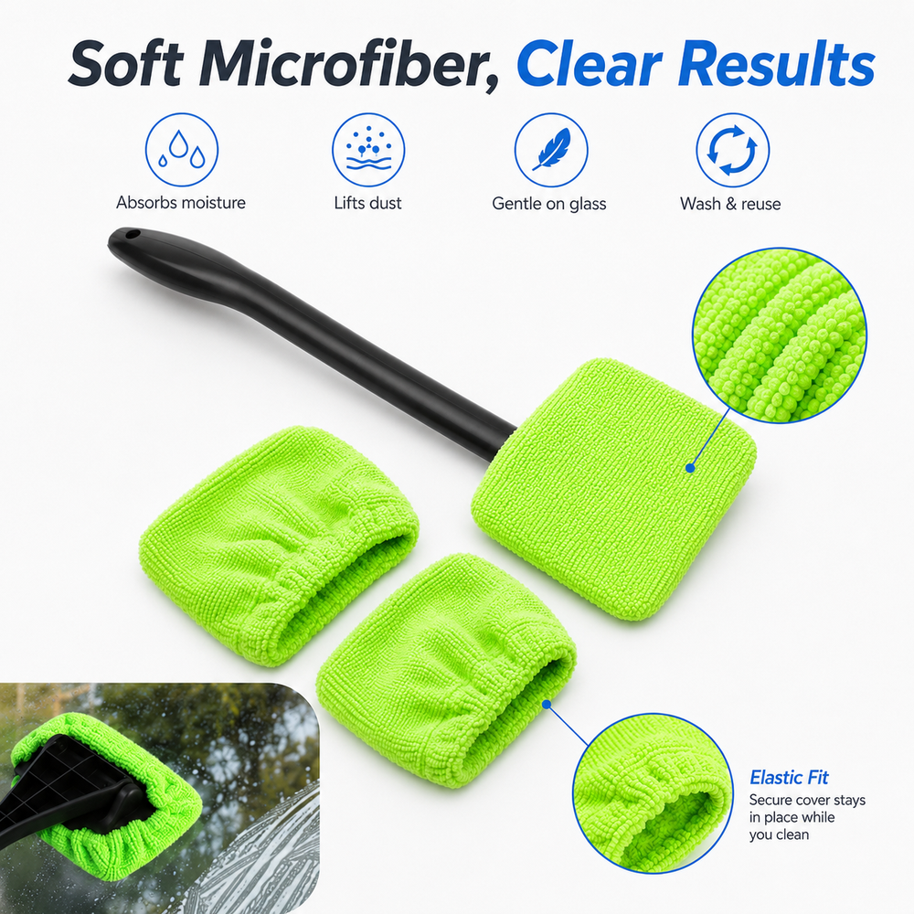 Car Windshield Cleaner Tool with 2 Microfiber Pads, Auto Glass Wiper