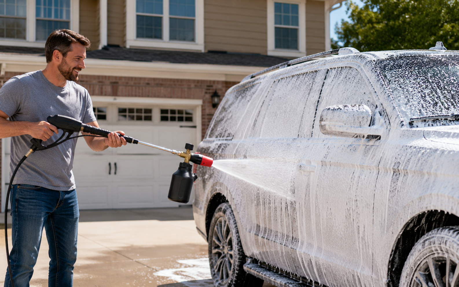 Foam washing a vehicle with GZ-KJM cleaning tools