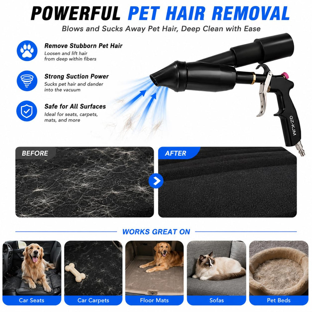 2-in-1 Car Cleaning Gun, Air Blow Gun & Vacuum Gun for Interior Detailing, High Pressure Dryer Blower with Adjustable Nozzle, Quickly Removes Dust, Dirt & Pet Hair, Air Compressor Required
