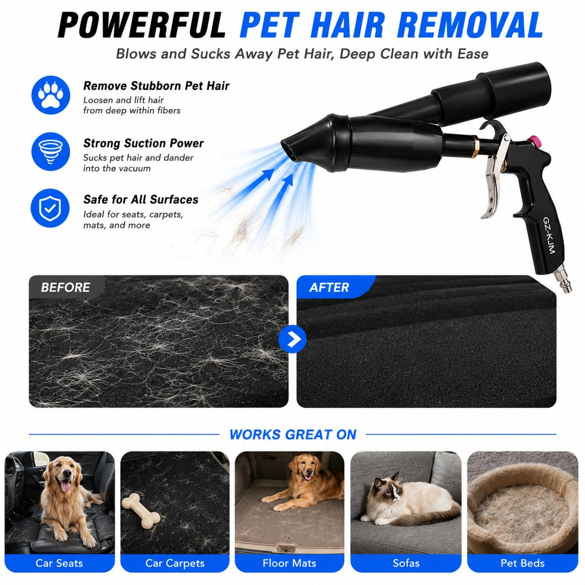 2-in-1 Car Cleaning Gun, Air Blow Gun & Vacuum Gun for Interior Detailing, High Pressure Dryer Blower with Adjustable Nozzle, Quickly Removes Dust, Dirt & Pet Hair, Air Compressor Required